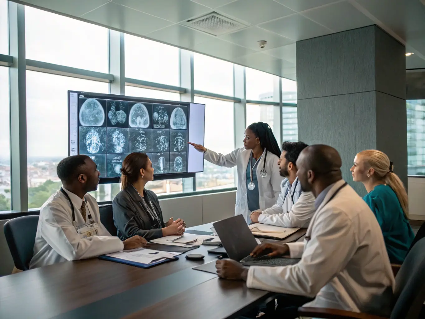A diverse group of medical professionals attending a virtual cardiology workshop, focusing on ECG interpretation and cardiac imaging techniques.