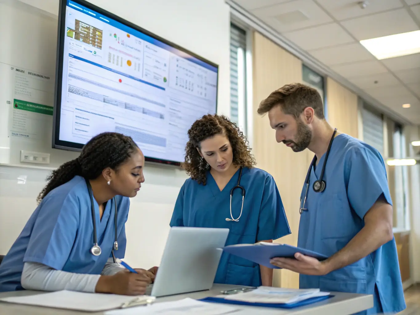 A diverse group of medical professionals collaborating in a virtual classroom setting, discussing complex medical cases and sharing insights, symbolizing the collaborative learning environment of Atlas Medical Academy's certificate programs.