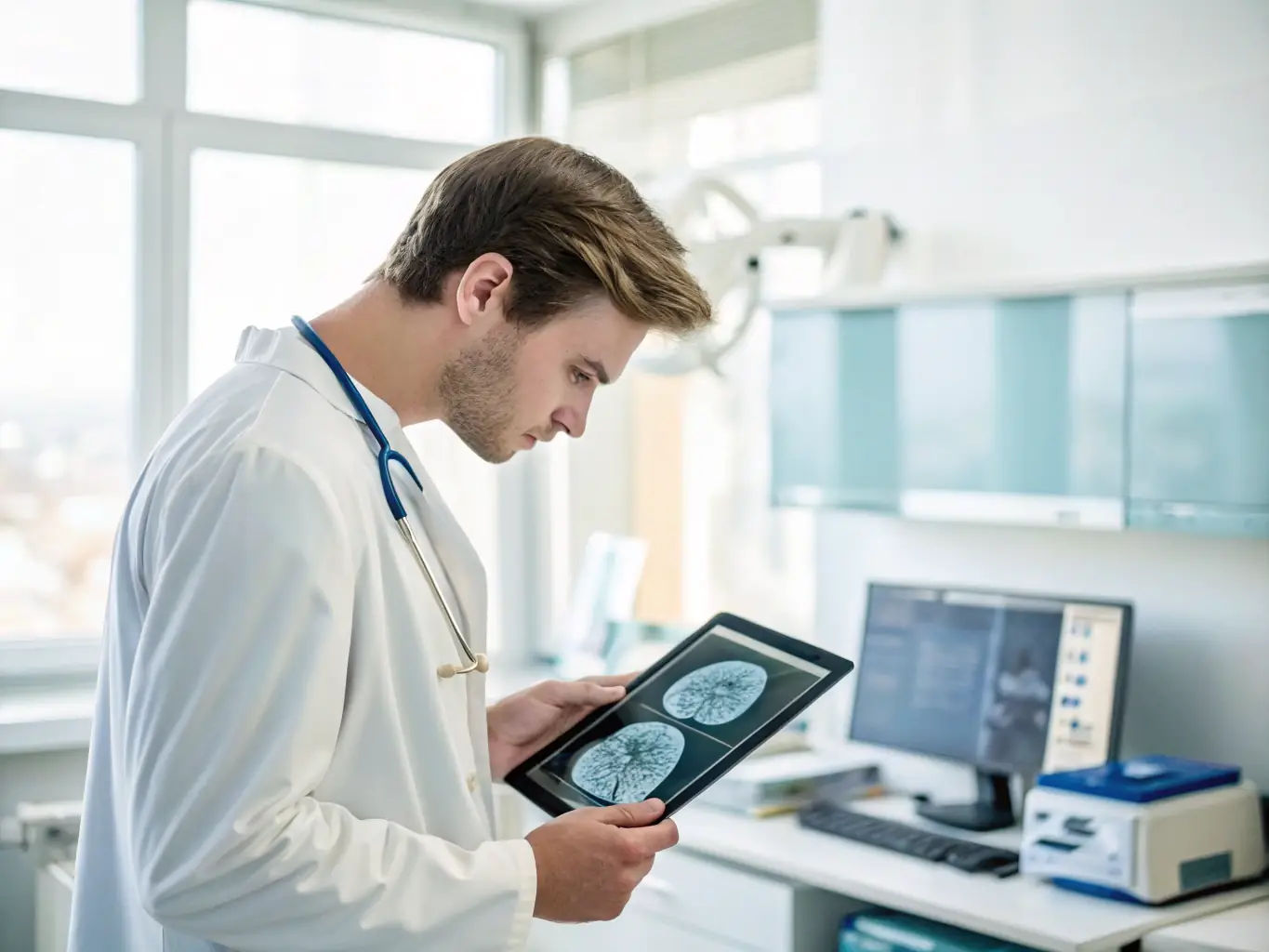 A medical professional using advanced diagnostic tools in a neurology lab, focusing on brain imaging and neurological assessments.