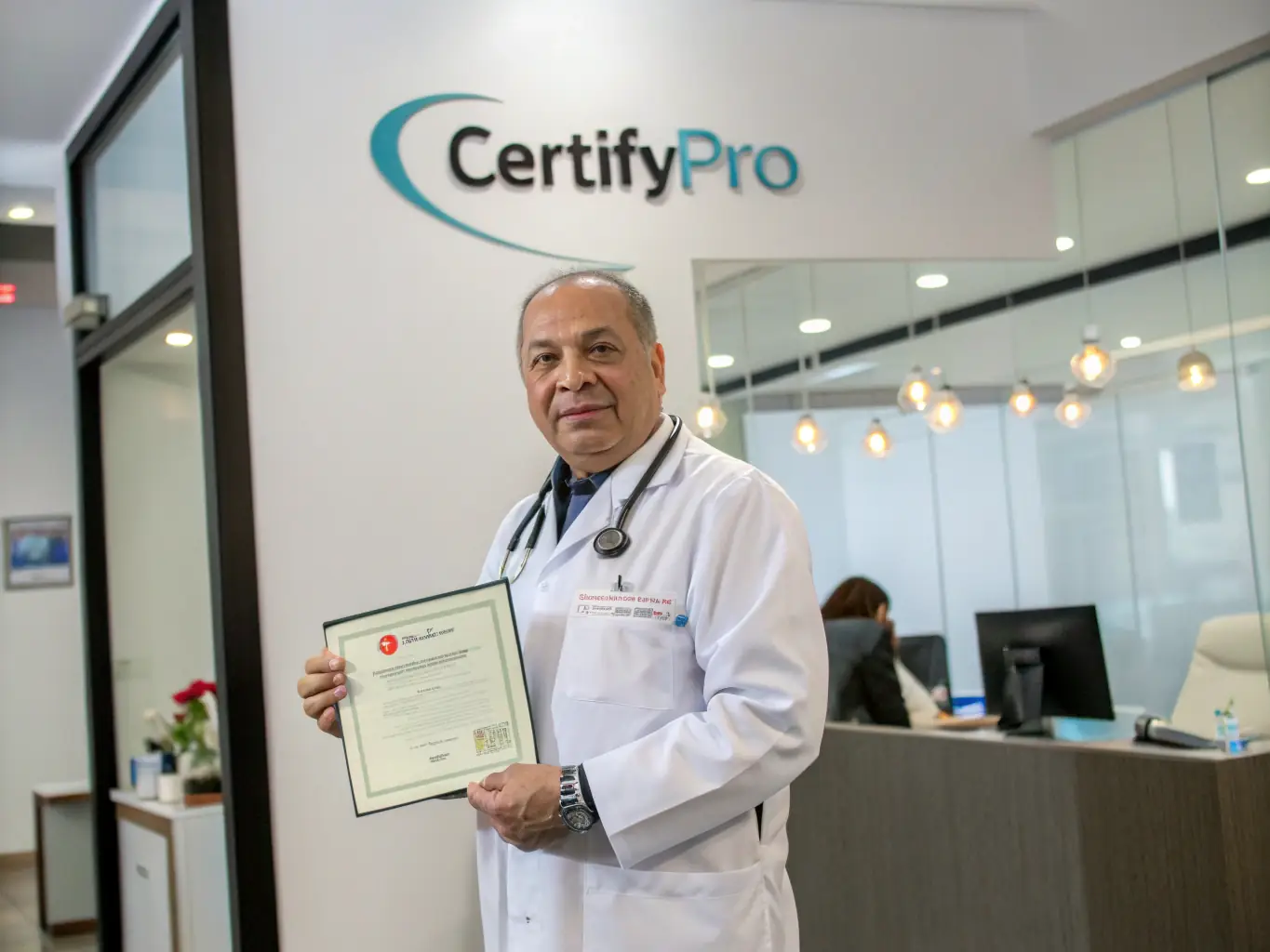 A medical professional proudly displaying a digital certificate, symbolizing the achievement and recognition gained through Atlas Medical Academy's accredited programs.