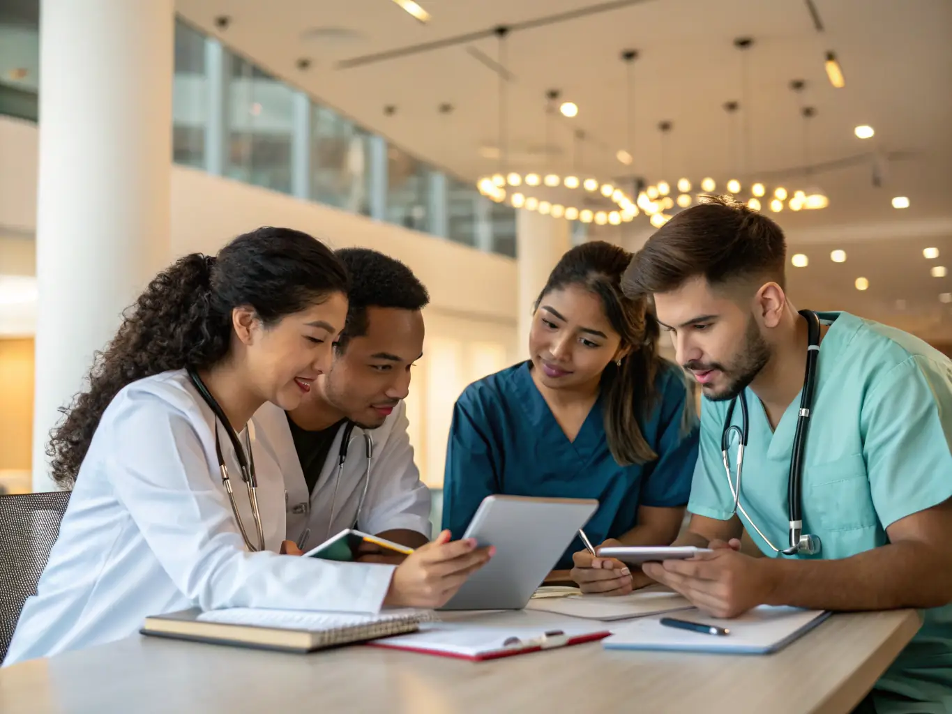 A diverse group of medical professionals from around the world collaborating on a research project in a modern, well-lit conference room, symbolizing global medical collaboration.