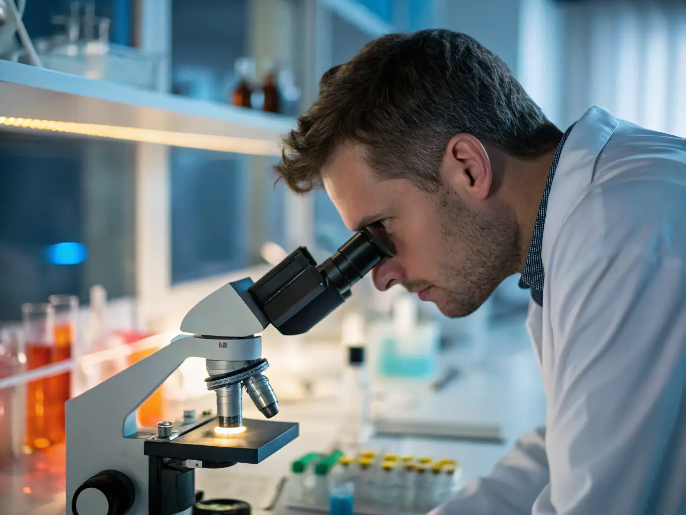 A medical professional in a lab coat is analyzing a sample under a microscope, with a focus on precision and detail, symbolizing the in-depth knowledge gained from Atlas Medical Academy's certificate programs.