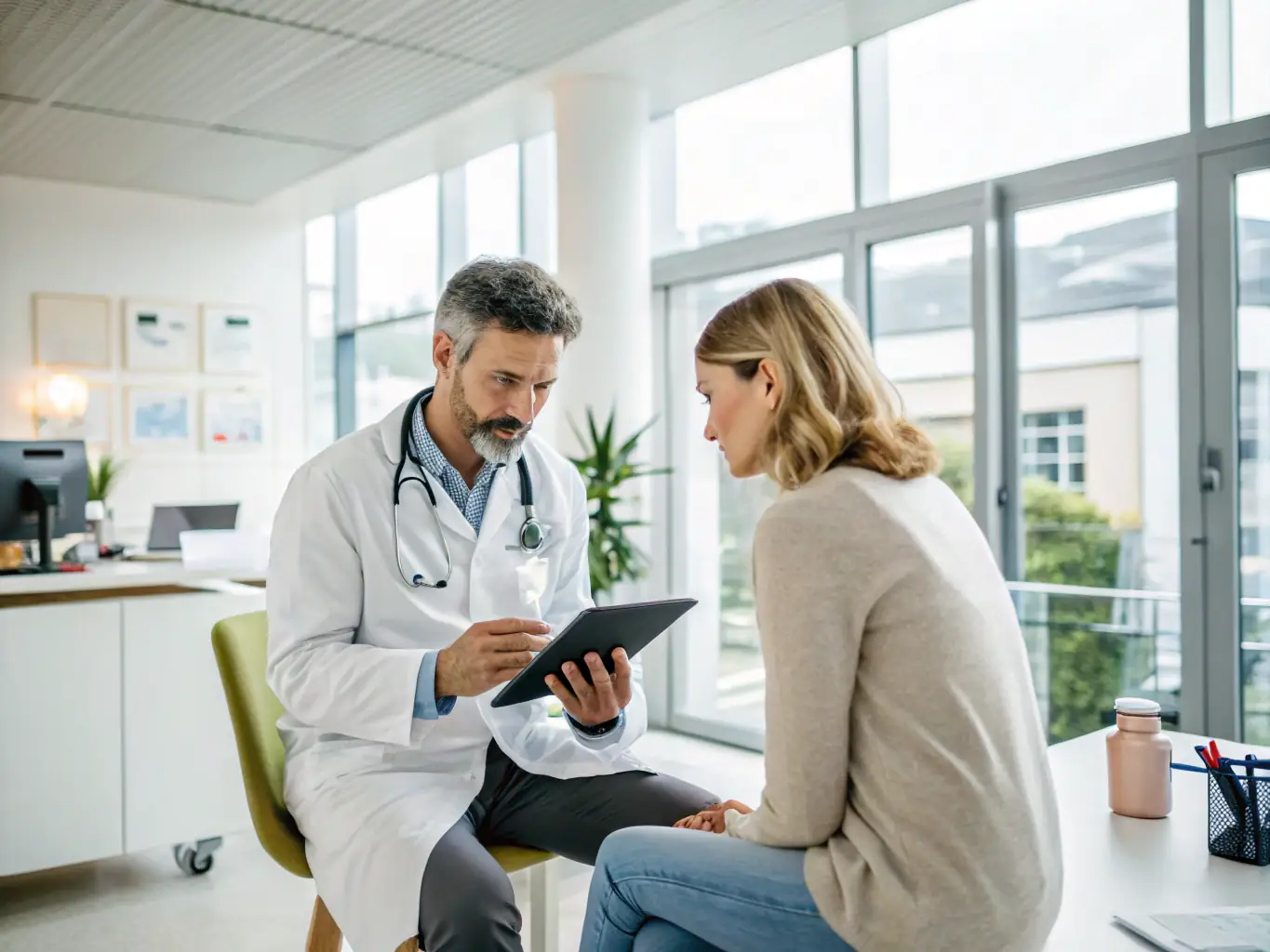 A doctor is consulting with a patient, using digital medical records on a tablet, emphasizing the importance of digital health in Atlas Medical Academy's certificate programs.